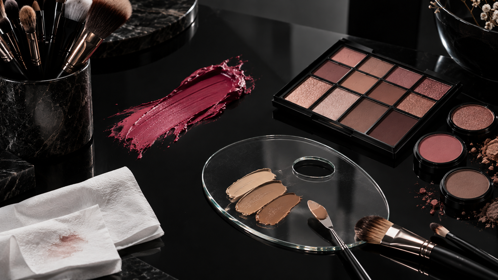 Editorial still life of makeup brushes, pigments and a glass mixing palette
