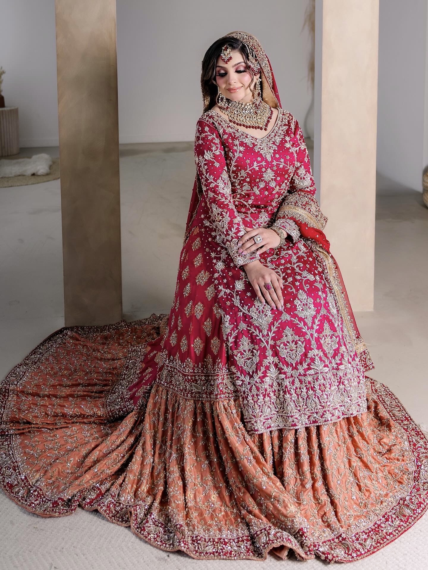 Full-length pink and peach bridal look