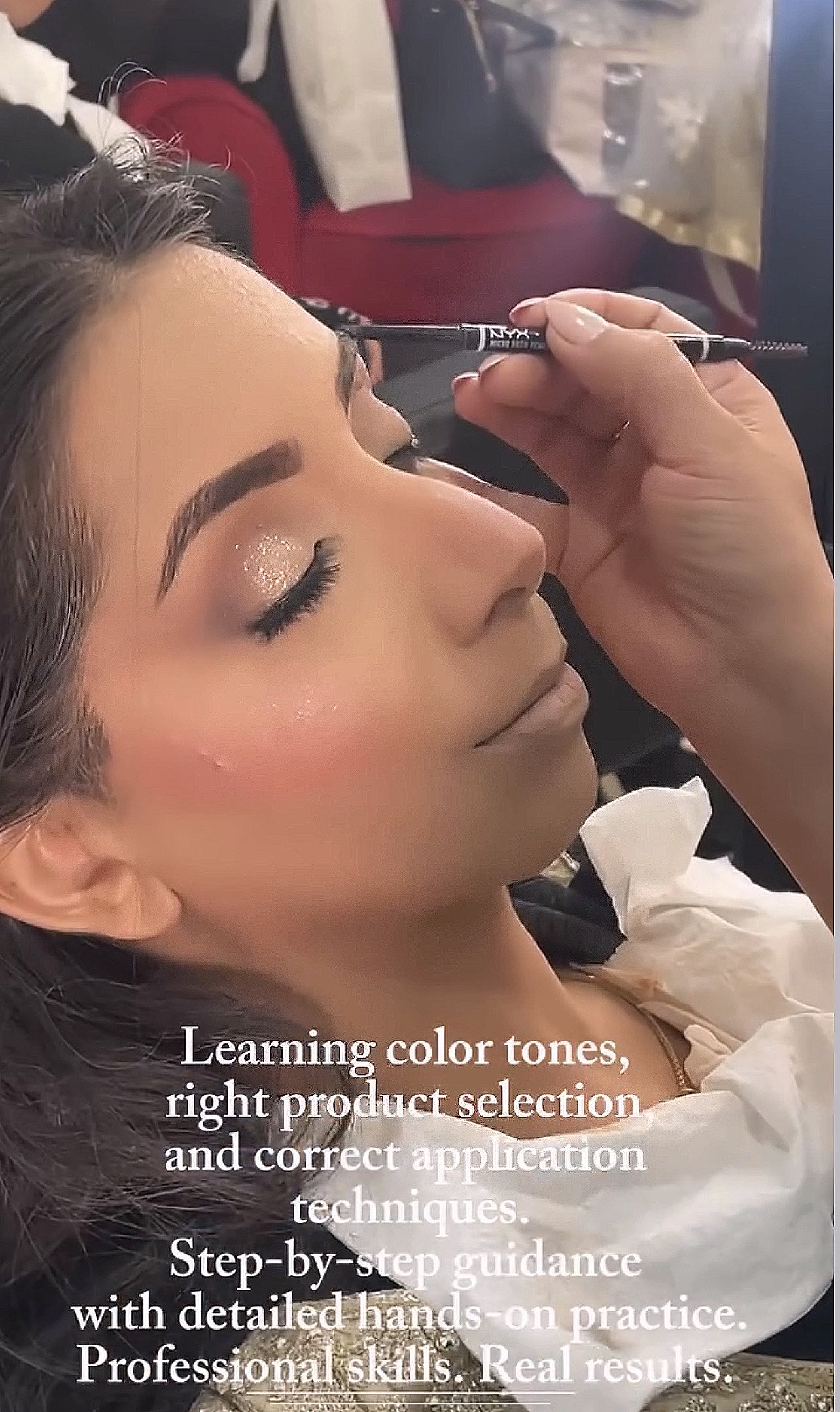 Hands-on eyebrow technique demonstrated during makeup training